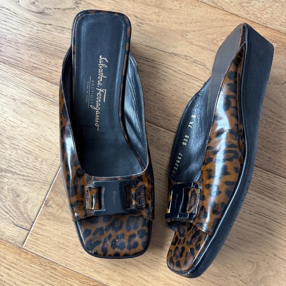 Salvatore Ferragamo Leopard Print Patent Leather Slide Wedge Women's size 7.5
